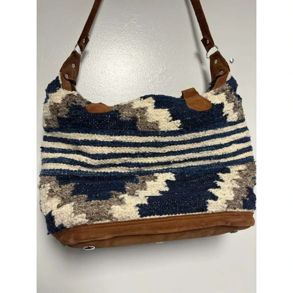 Humble Hilo Leather Wool Boho Satchel Crossbody Bag Cream Blue Gray‎ Purse